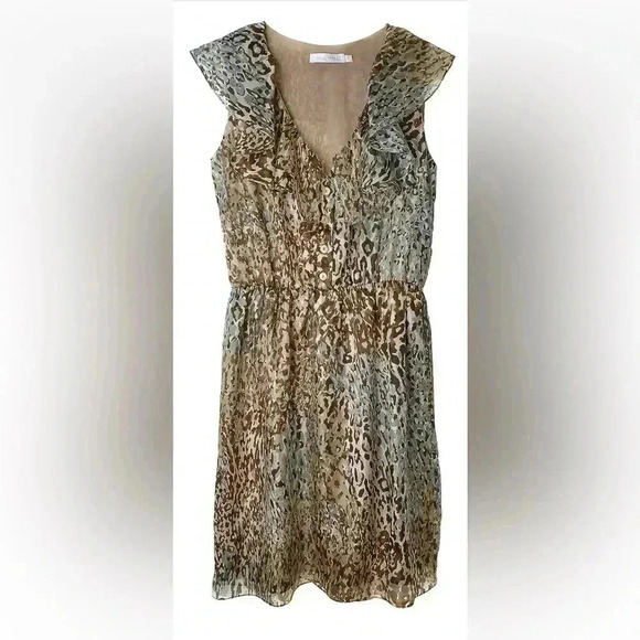 CARLOS MIELE Beige Yellow Gold Leopard Print Ruffle Detail Mini Dress Size XS - Picture 2 of 12
